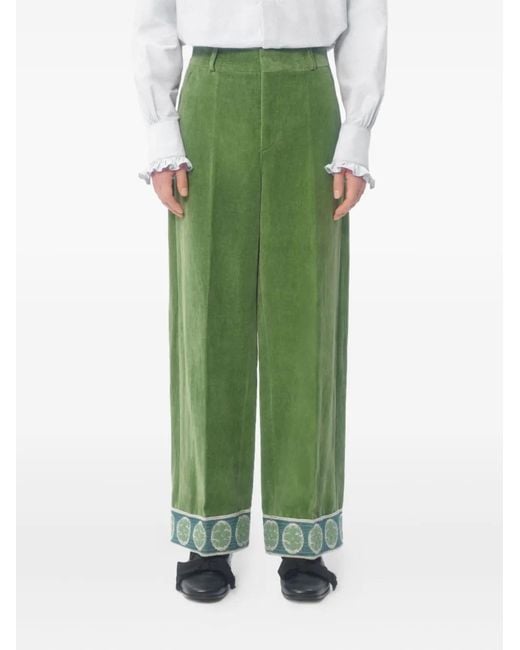 Valentino Garavani Green Jacquard-Hem Velvet Trousers for men