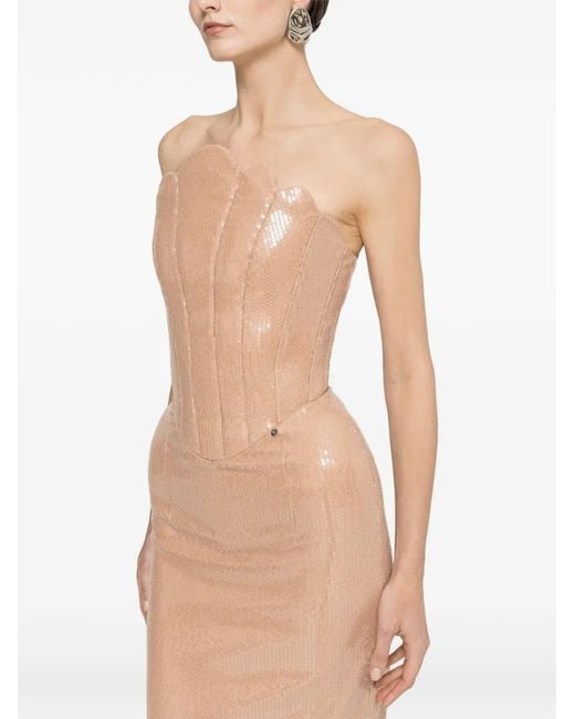 Nissa Natural Exaggerated-Hip Sequin Maxi Dress