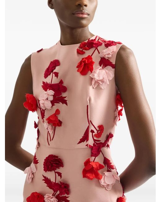 Erdem Red Mikado Floral Sleeveless Pencil Midi Dress