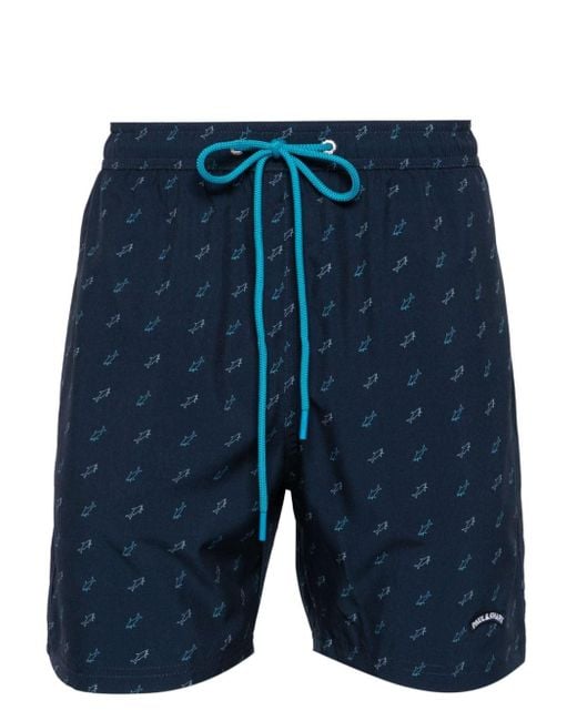Paul & Shark Blue Logo-charm Shark-print Swim Shorts for men