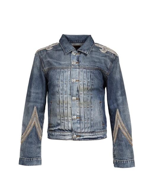 424 Blue Embroidered Pleated Denim Jacket for men