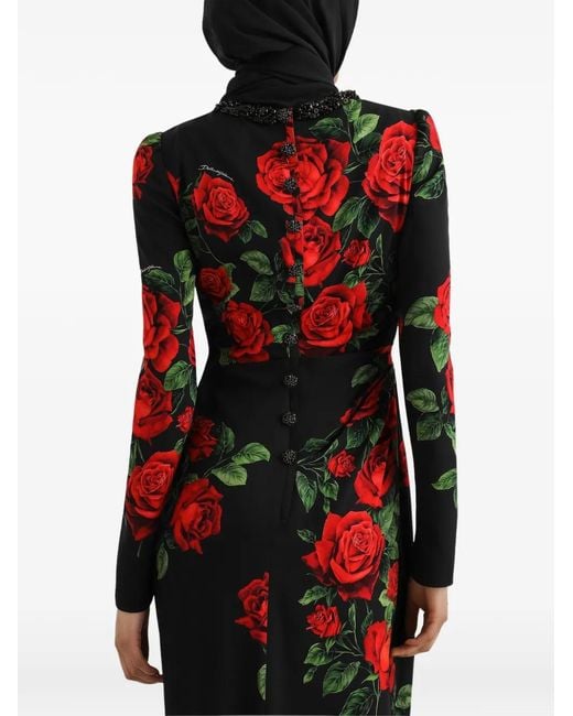 Dolce & Gabbana Red Rose-Print Charmeuse Maxi Dress