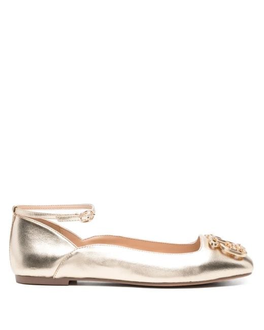 Liu Jo Natural Chain-Embellished Ankle-Strap Ballet Flats