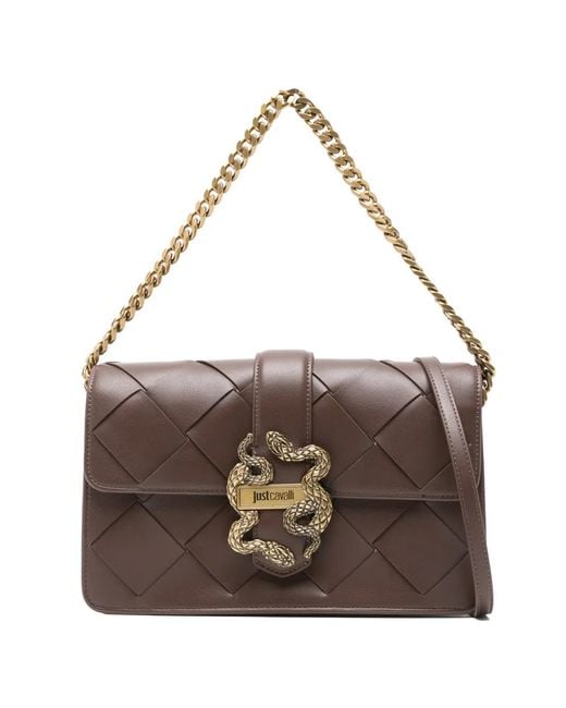 Just Cavalli Brown Woven Snake Appliqué Tote Bag