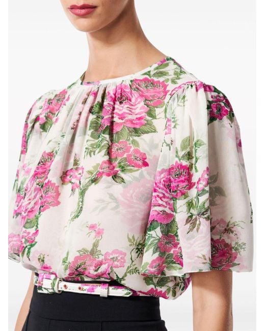 Carolina Herrera Pink Gathered-detail Floral-print Silk Blouse