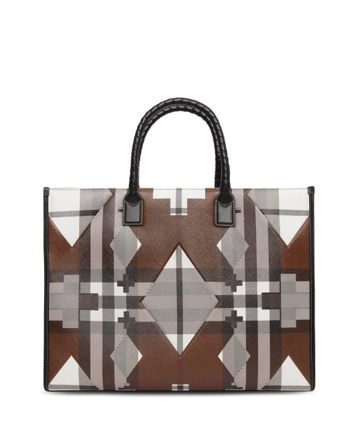 Burberry Brown Geometric Check Tote Bag for men