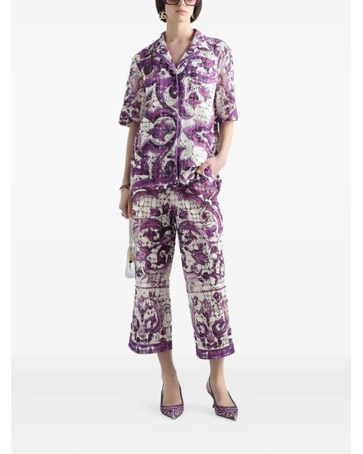 Dolce & Gabbana Blue Majolica-Print Lace Trousers