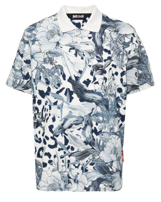 Just Cavalli Blue Floral-print Cotton Polo Shirt for men
