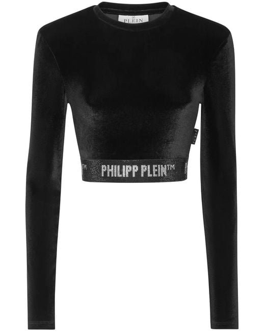 Philipp Plein Black Long-Underband Velvet Crop Top