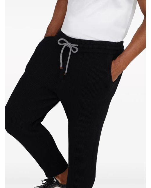 Brunello Cucinelli Black Ribbed Cashmere Track Pants for men