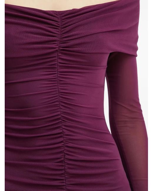 Bardot Off-Shoulder Maxi-Jurk Met Ruches in het Purple