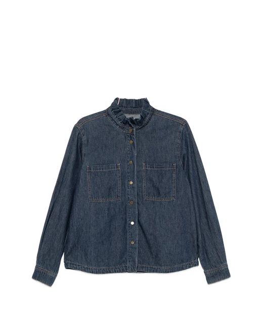 MAISON 123 Blue Ruffled-Collar Denim Shirt