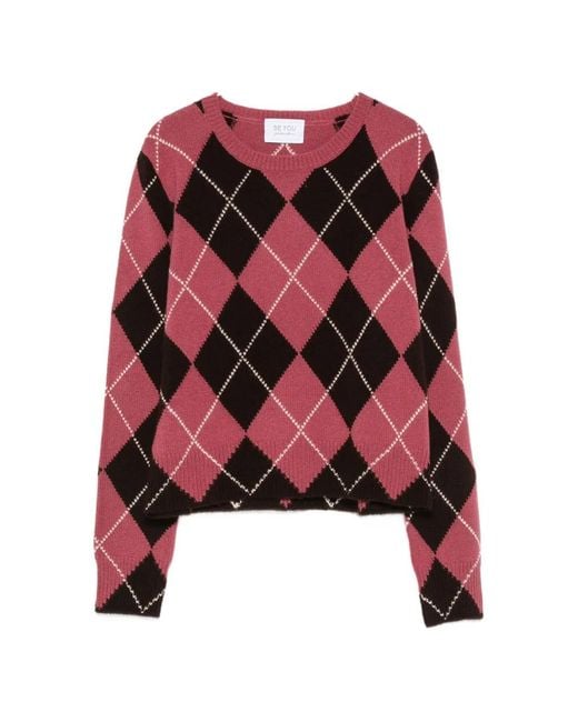 Be You Red Argyle-Pattern Crew Neck Sweater