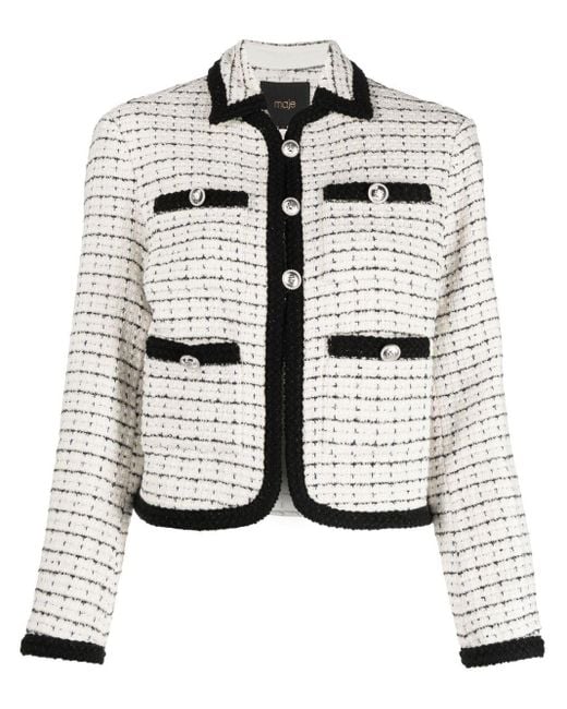 Maje Contrast-trim Tweed Jacket in White | Lyst