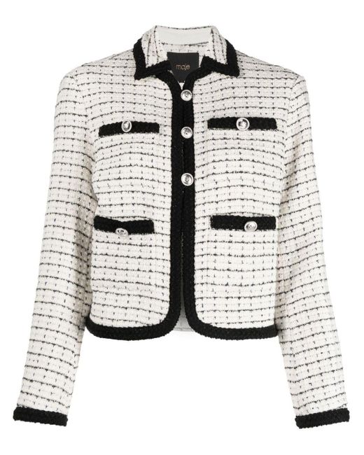 Maje Contrast-trim Tweed Jacket in White | Lyst