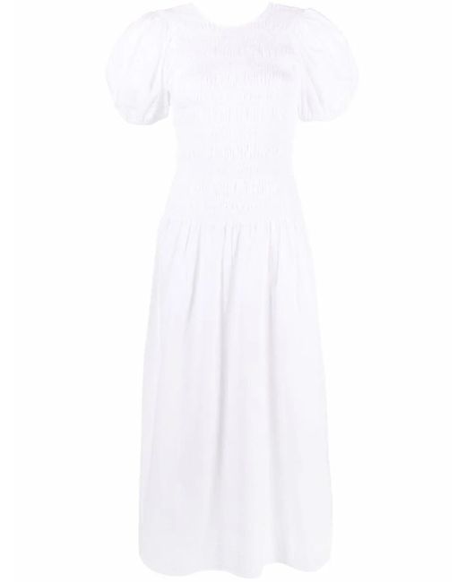 Ganni White Shirred Poplin Midi Dress