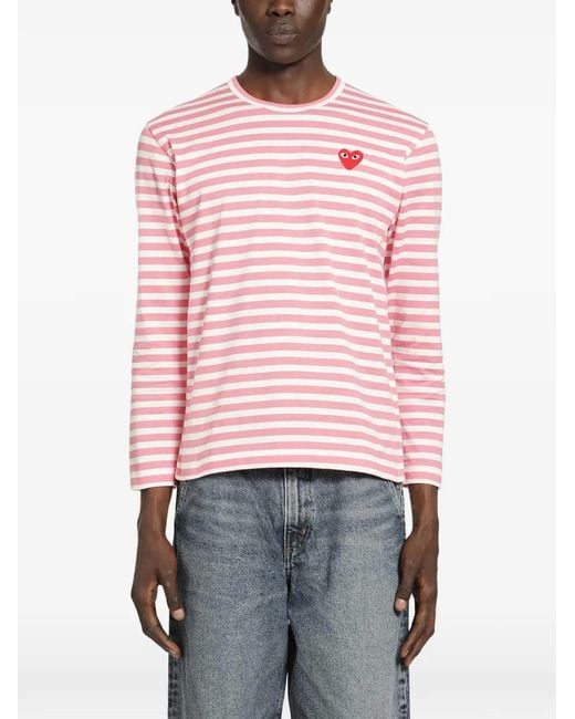 COMME DES GARÇONS PLAY Pink Striped Heart-Patch T-Shirt for men