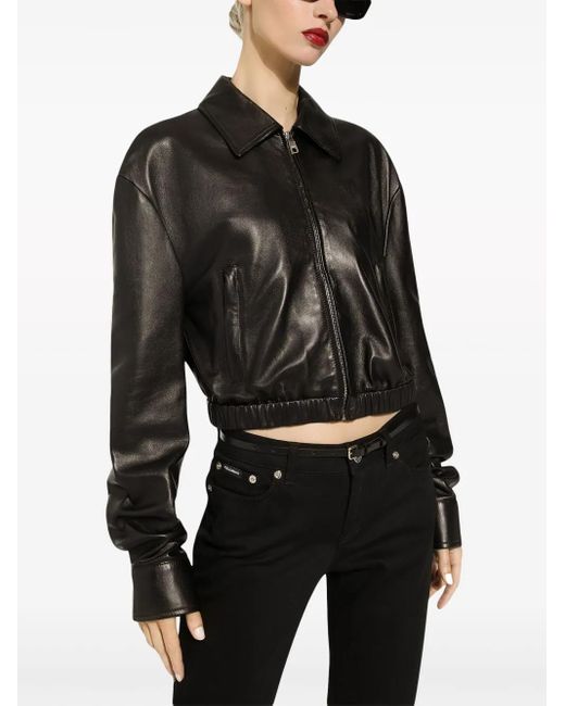 Dolce & Gabbana Black Logo-Appliqué Leather Jacket