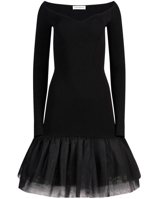 Nina Ricci Black Sweetheart-Neck Tulle-Panel Dress