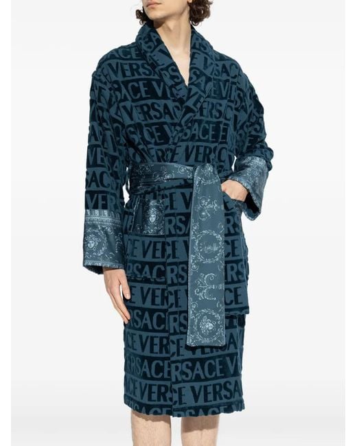 Versace Blue Logo-Pattern Belted Robe
