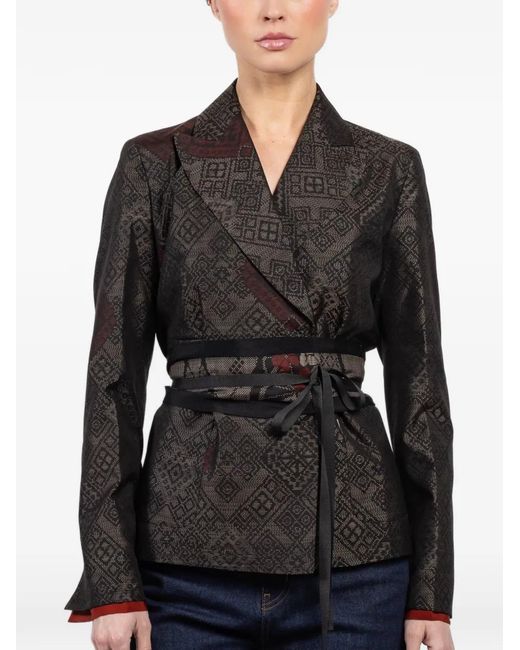 Ibrigu Black Geometric-Print Belted Jacket