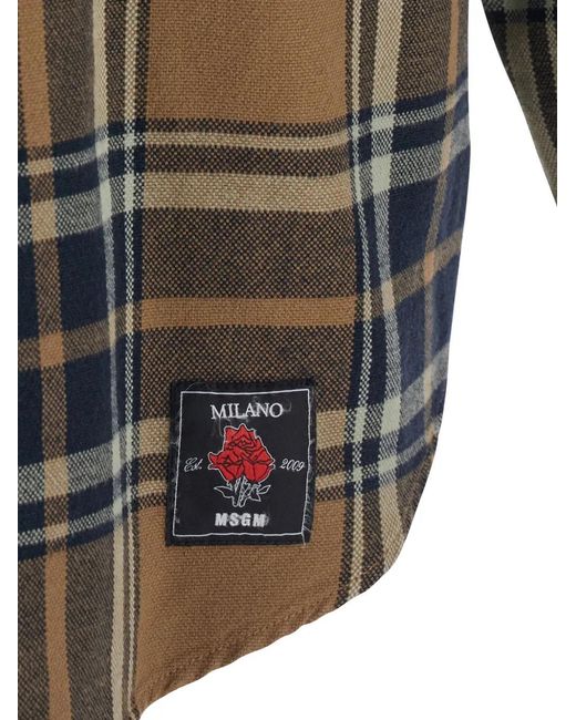 MSGM Gray Shirt With Logo Patch On The Front And All-Over Check Motif for men