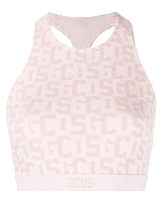 Gcds Pink Logo-Print Cropped Top