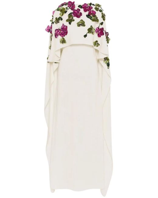 Oscar de la Renta White Orchid Sequin-Embroidered Kaftan