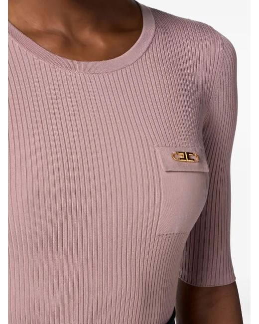 Elisabetta Franchi Pink Ribbed Breast Pocket Knit Top