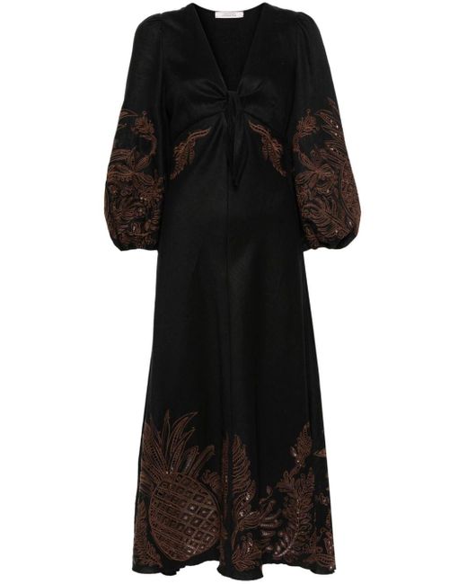 Dorothee Schumacher Black Pineapple Embroidery Linen Midi-dress