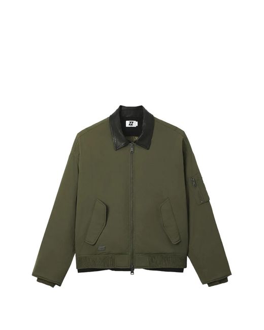 Izzue Green Leather-Collar Zip-Up Jacket for men