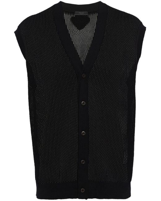 Prada Black Open-knit V-neck Cardigan for men