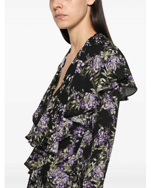 Norma Kamali Black Ruffled Floral-Print Dress