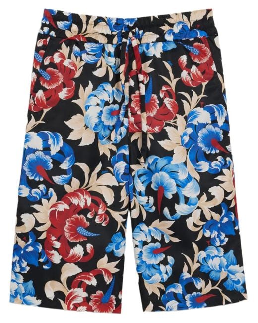 AMI Blue Floral-Print Elasticated-Waist Shorts for men