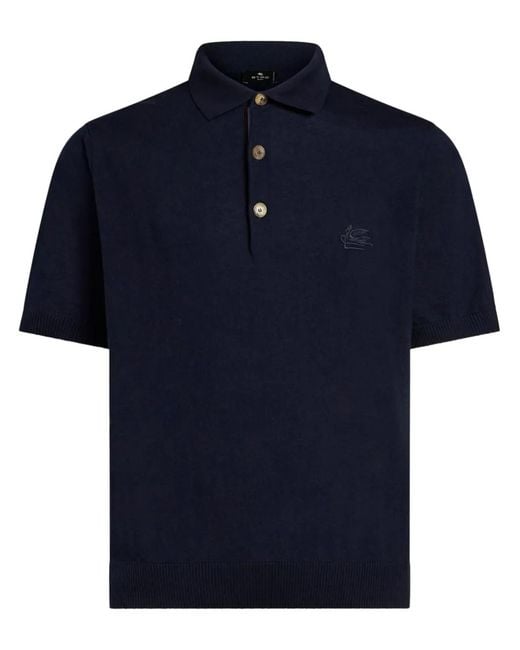 Etro Blue Logo-Embroidered Knitted Polo Shirt for men