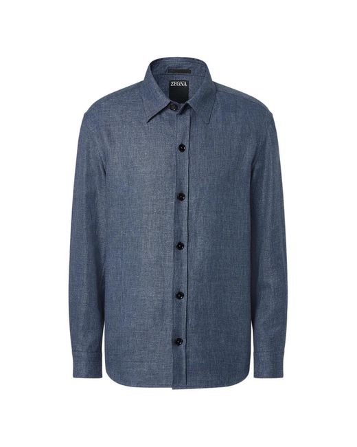 Zegna Blue Refined Regular Fit Shirt With Button Closure And Rounded Hem for men