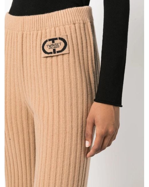 Twinset Natural Logo-Patch Ribbed-Knit Trousers