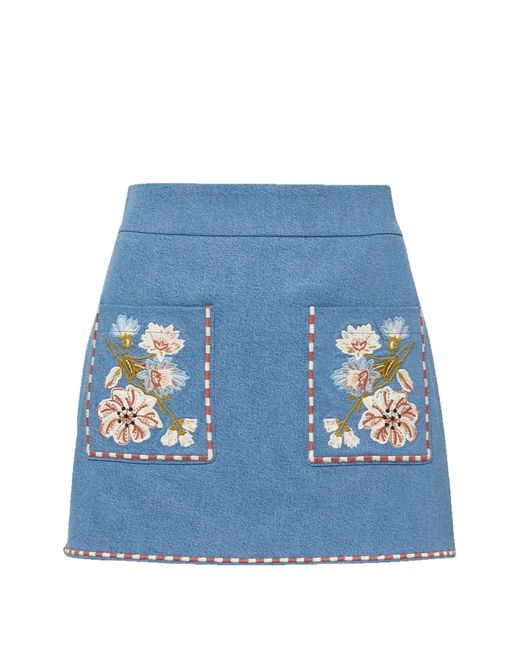 Veronica Beard Blue Pallas Floral-Embroidered Skirt
