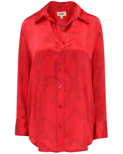 L'Agence Red Dani Chain Link-print Silk Shirt