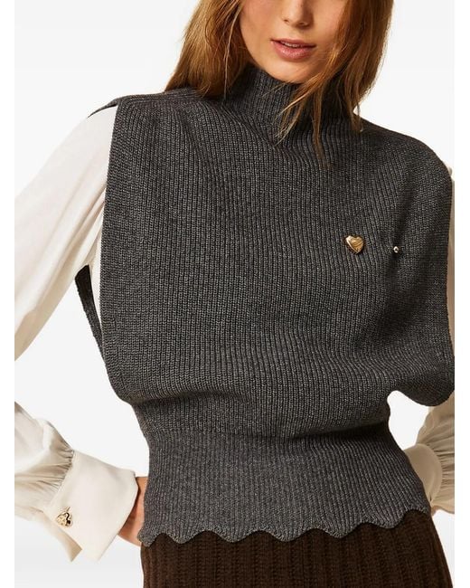Twinset Gray Wool-Blend Top With Brooch