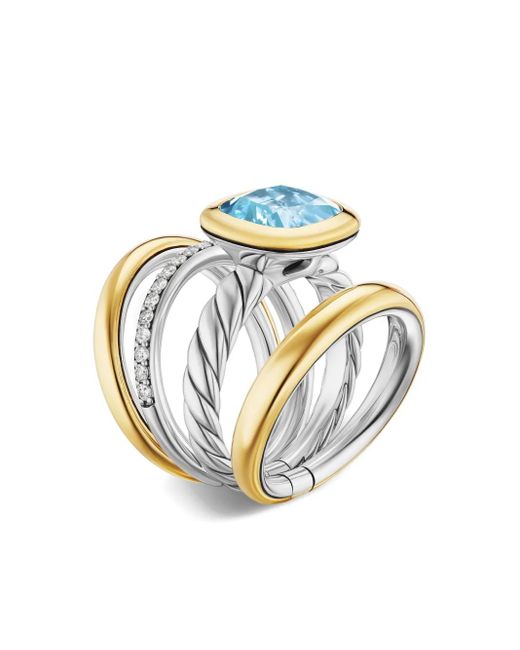 David Yurman Blue 18K And Sterling Dy Mercer Four Row Diamond And Topaz Ring