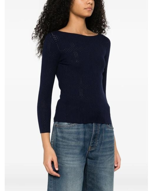 Twinset Blue Ribbed Jumper With Check Pattern