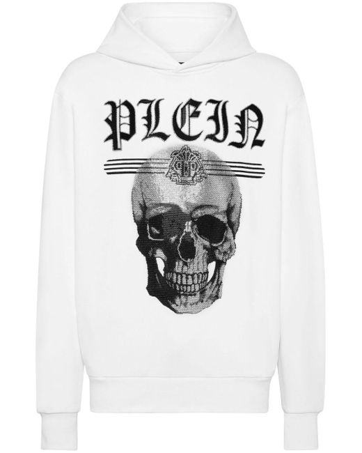 Philipp Plein White Skull Strass Hooded Sweatshirt for men