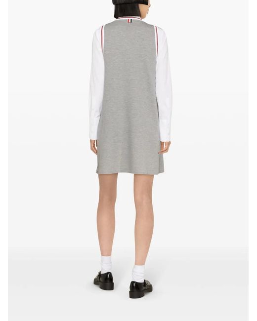Thom Browne Gray Classic Pique Stripe V-Neck Tennis Dress, Brand Size 36 (Us Size 0)