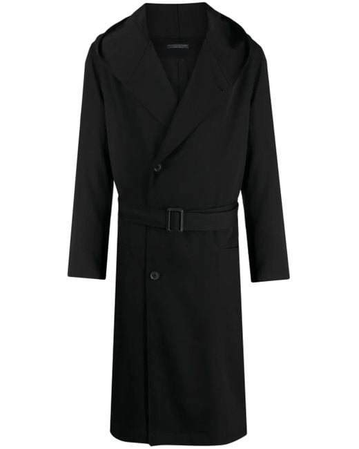 Yohji Yamamoto Black Belted Hooded Wool Trench Coat for men