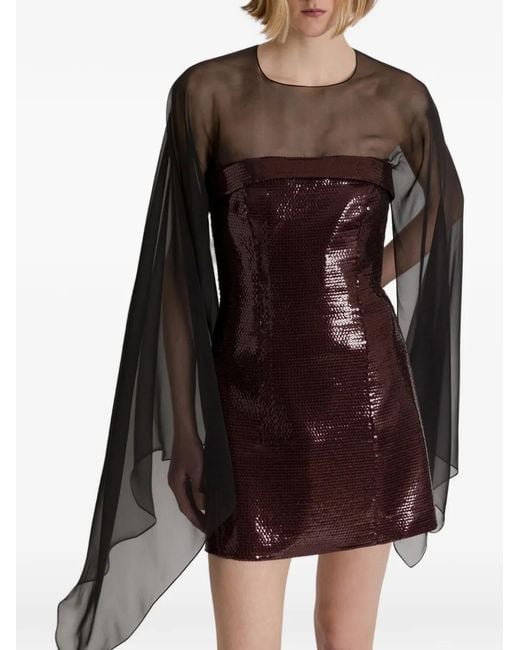 Alberta Ferretti Brown Sequin-Embellished Cape-Overlay Mini Dress