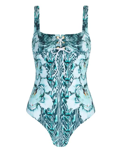 Temperley London Blue Liana Floral-Print Swimsuit
