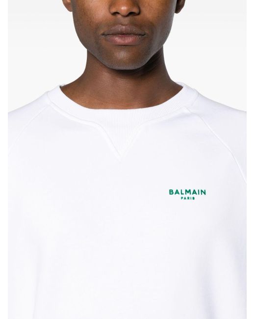 Balmain White Logo-flocked Cotton Sweatshirt for men