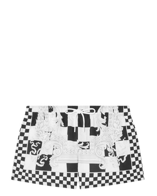 Versace White Barocco-motif Checkerboard-print Swim Shorts for men