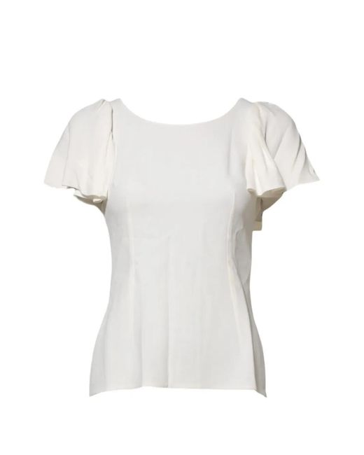 Dolce & Gabbana White Flutter-Sleeve Round-Neck Top